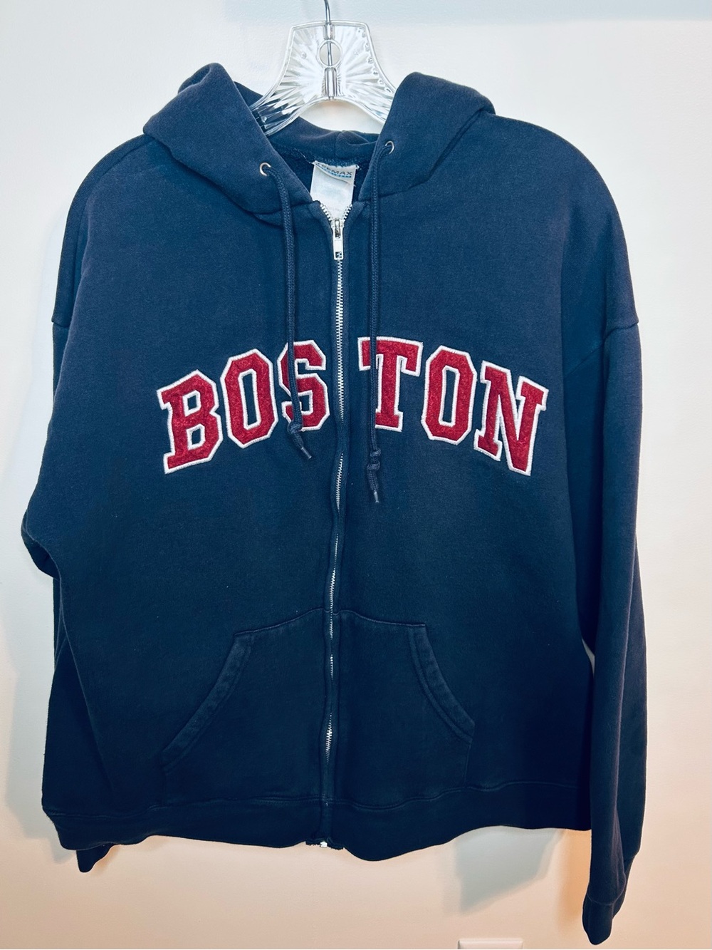 Boston Navy Zip-Up Hoodie with Red Lettering